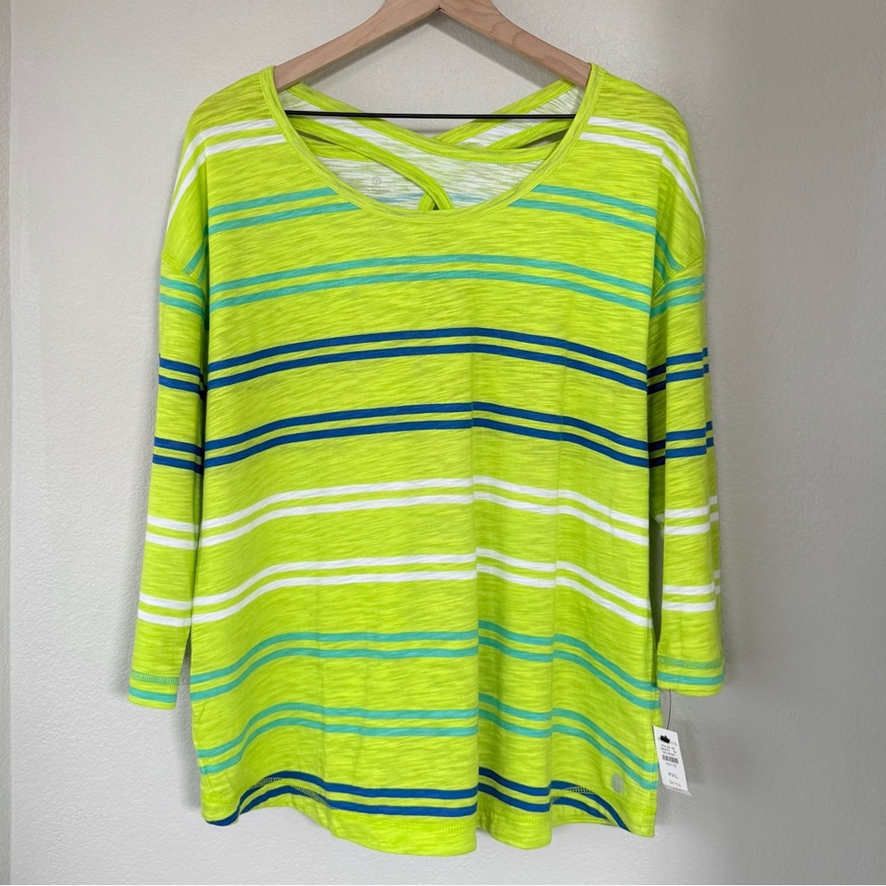 T BY TALBOTS NWT XLP Kiwi Stripe Cross Back Top • Athleisure Cotton Modal Slub - Picture 3 of 10